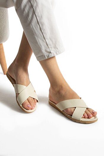 Moda Devrin Krem Çapraz Kadın Terlik Dış Mekan Ve Ev Terliği