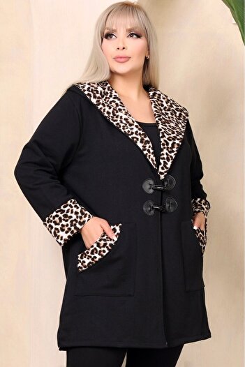 Kheos Leopard Print Detailed Hooded Pocket Flowy Stretchy Style Cardigan