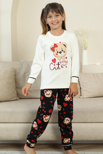 Zekalya Little Cute Teddy Bear Patterned Girls' Pajama Set - Ecru