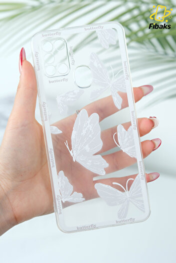 Fibaks Galaxy A21S Compatible Case Designed Patterned Camera Protection Transparent Butterfly Flexible Soft Silicone Cap