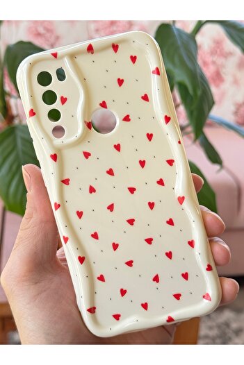 Fibaks Xiaomi Redmi Note 8 Kılıf Kamera Korumalı Dalga Kenarlı Kırmızı Kalp Desenli Silikon Kapak
