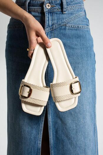 Moda Devrin Beige Jute Buckle Open Women's Slippers Home and Outdoor Slippers
