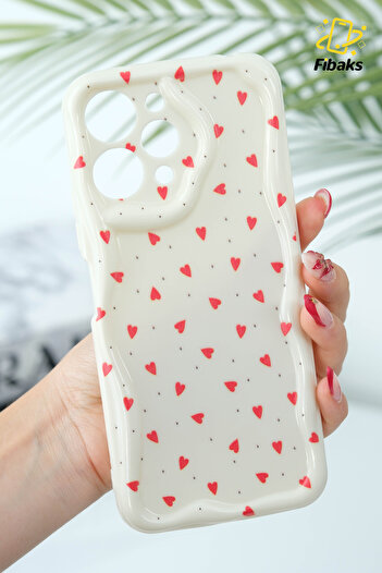 Fibaks Xiaomi Redmi 12 4g Case with Camera Protection Wave Edge Red Heart Pattern Silicone Cover