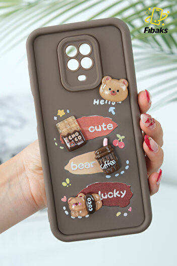 Fibaks Redmi Note 9S/9 Pro Case Designed Patterned Camera Protection Teddy Bear Brown Colored Soft Silicone Cap