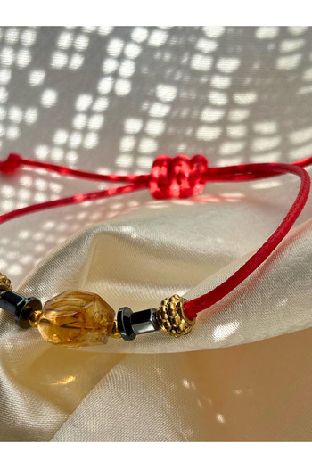 ayrestyle Raw Citrine Stone Women's Macrame Drawstring Adjustable – Red Purple Turquoise Money Abundance Blessing Bracelet