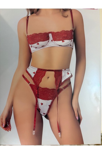 Virtous Vision Panties Bra Garter 3-Piece Set Thong Panties Red Heart Love Set