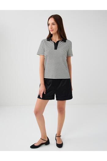 Jimmy Key Black Polo Neck Short Sleeve Stripe Pattern Knitted T-Shirt