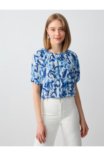 Jimmy Key Blue Round Neck Watermelon Sleeve Patterned Mesh Knitted Blouse