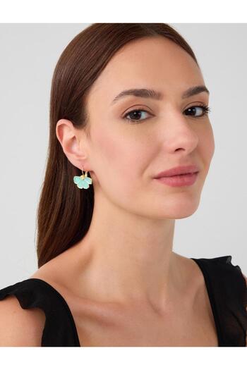 Jimmy Key Minimal Earrings with Green Flower Figure and Enamel Detail