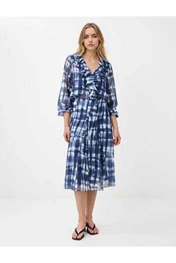 Jimmy Key Navy Blue Regular Waist Plain Cut Patterned Midi Chiffon Skirt
