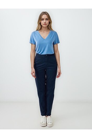 Jimmy Key Navy Blue High Waist Regular Leg Side Pocket Woven Trousers