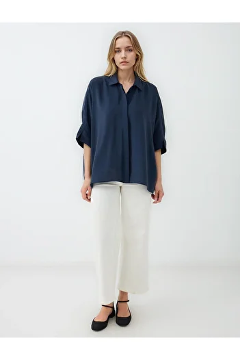 Jimmy Key Navy Blue Relaxed Fit Three Quarter Sleeve Long Shirt
