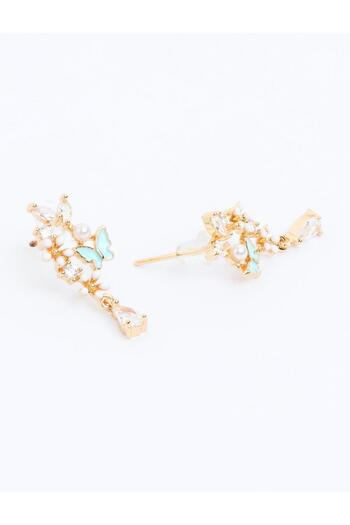 Jimmy Key Gold Color Pearl Detailed Butterfly Figured Earrings