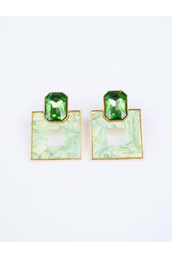 Jimmy Key Green Square Figured Shiny Stone Detailed Earrings