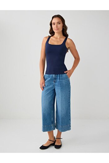 Jimmy Key Navy Blue Slim Fit Strappy Square Neck Knitted Blouse