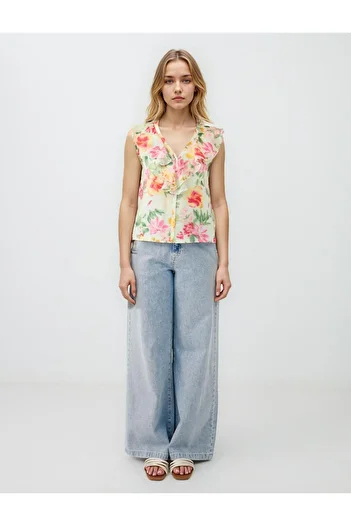 Jimmy Key Ecru V-Neck Sleeveless Floral Patterned Woven Blouse