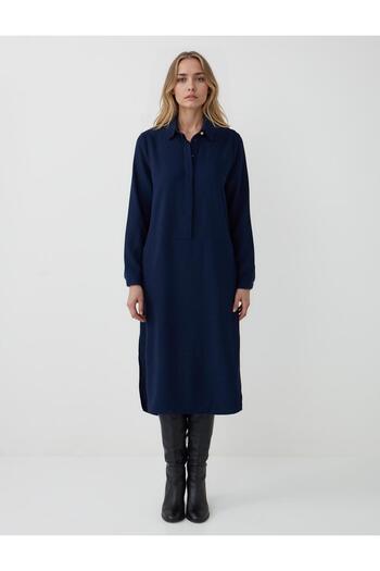 Jimmy Key Navy Blue Relaxed Fit Shirt Collar Long Sleeve Midi Dress