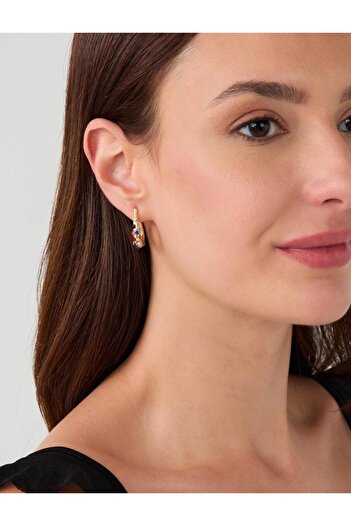 Jimmy Key Gold Colored Stone Detailed Half Hoop Earrings