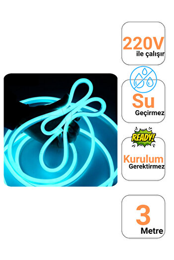 Ema Dükkan 3 Metre Buz Mavisi 220 Volt Neon Led Tak Çalıştır Esnek Şerit Neon Led Aydınlatma 8x16 Mm Hortum Led
