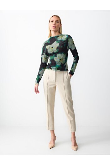 Jimmy Key Print Floral Print Crew Neck Long Sleeve Mesh Knitted Blouse