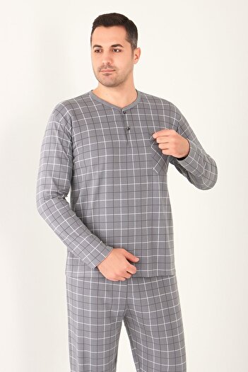 AYSUN TEKSTİL Wide Fitted Plaid Patterned Judge Collar Men's Pajama Set in Cotton Fabric