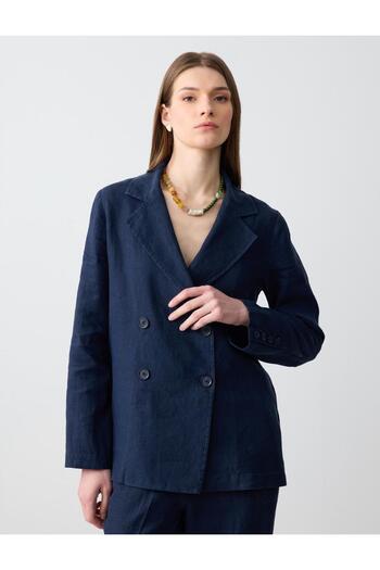 Jimmy Key Navy Blue 100% Linen Straight Cut Shirt Collar Long Sleeve Woven Jacket