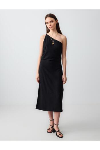 Jimmy Key Black Asymmetric Collar One Shoulder Linen Blend Midi Dress