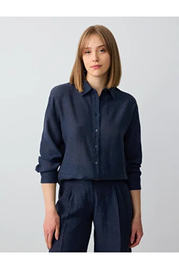 Jimmy Key Navy Blue Relaxed Fit Long Sleeve Linen Blend Shirt