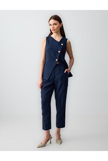 Jimmy Key Navy Blue 100% Linen Slim Fit Button Detailed Woven Vest