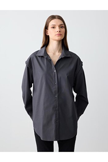 Jimmy Key Anthracite Relaxed Cut Long Sleeve Poplin Woven Shirt