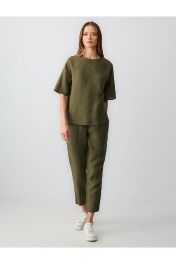Jimmy Key Khaki 100% Linen Relaxed Cut Short Sleeve Crew Neck Blouse