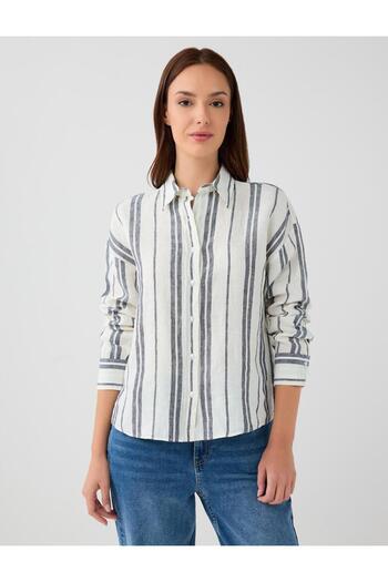 Jimmy Key Indigo Blue 100% Linen Relaxed Fit Striped Linen Shirt