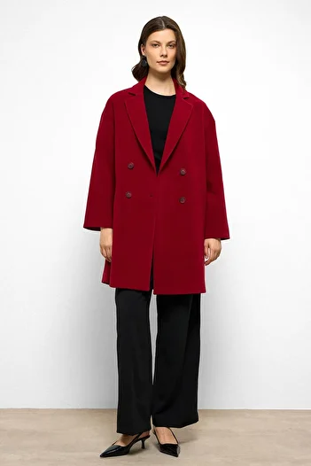 Olcay Patterned Lined Oversize Double Breasted Coat Red 3095