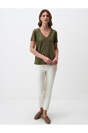 Jimmy Key Khaki V-Neck Short Sleeve Basic T-Shirt