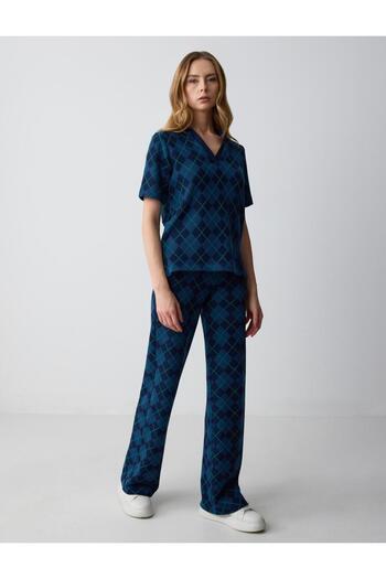 Jimmy Key Navy Blue High Waist Elastic Waist Relaxed Fit Knitted Trousers