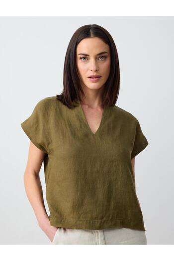 Jimmy Key Khaki 100% Linen V-Neck Sleeveless Blouse