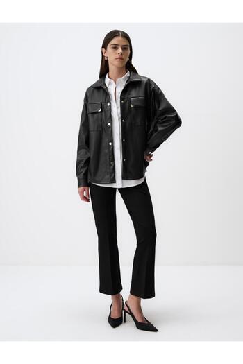 Jimmy Key Black Long Sleeve Leather Shirt Jacket with Pocket Detail