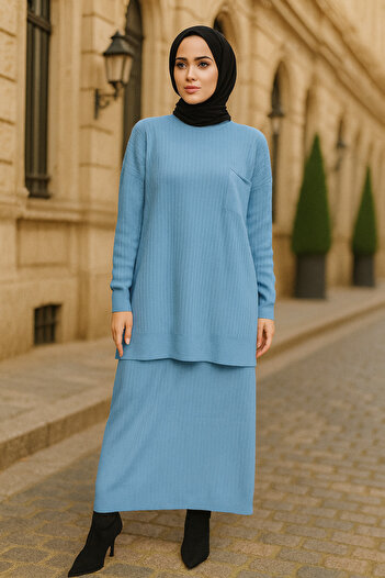 Neva Style Skirted Indigo Blue Hijab Knitwear Double Set 34021ım