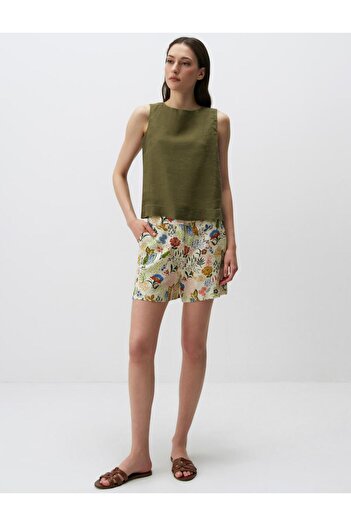 Jimmy Key Khaki 100% Linen Round Neck Sleeveless Blouse