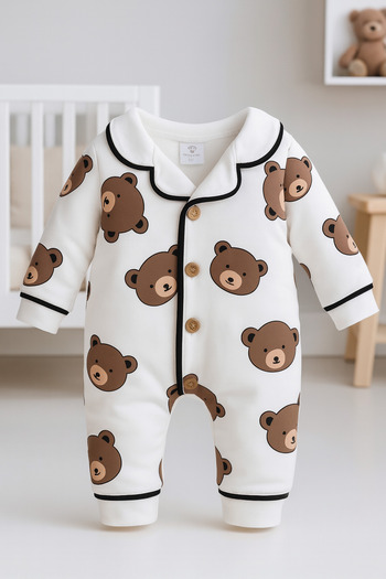 eradkids Organic Cotton Teddy Bear Detailed Baby Boy Romper Pajamas / Baby Gift