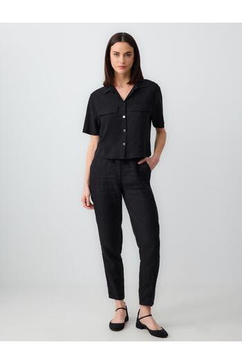 Jimmy Key Black Short Sleeve Linen Blend Shirt with Pocket Detail