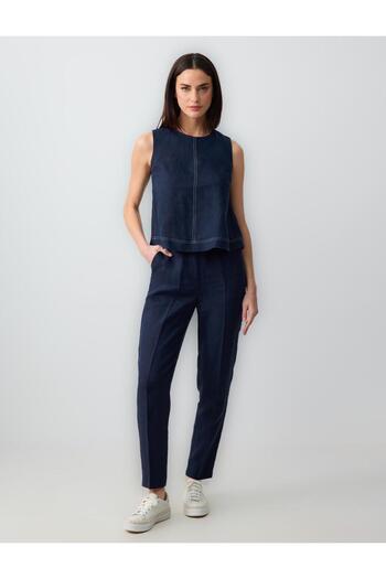 Jimmy Key Navy Blue 100% Linen High Waist Regular Leg Trousers