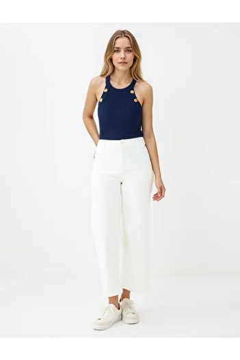 Jimmy Key Navy Blue Slim Fit Halter Neck Sleeveless Knitwear Blouse