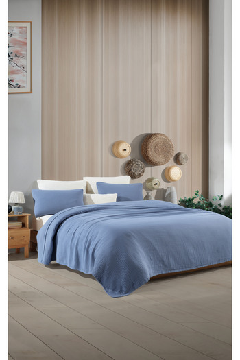 destinyhometex Albastru închis, simplu, fără franjuri 180 X 240 cm Piqué/Husă de pat/1 bucată 50x70cm Pernă 4 straturi 100% bumbac