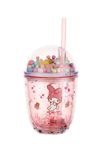 Miniso Sanrio Lisanslı Boncuklu Kapaklı Pipetli Plastik Şişe (435ml)