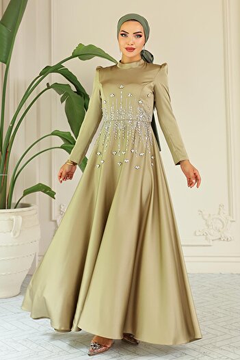 Olcay Flared Front Stone Patterned Satin Hijab Evening Dress Oil Green 1680