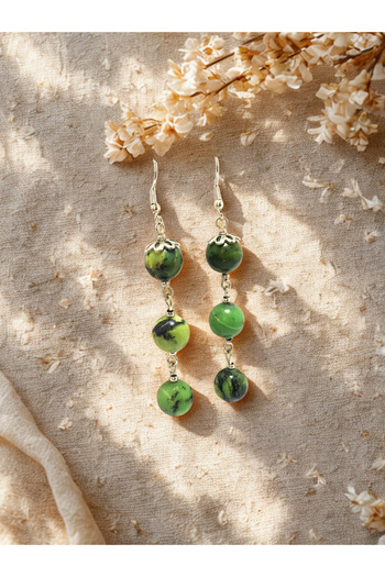 ayrestyle Jade Natural Stone Long Dangle Earrings - Green Dangle Hook Natural Stone Women's Earrings - Silver