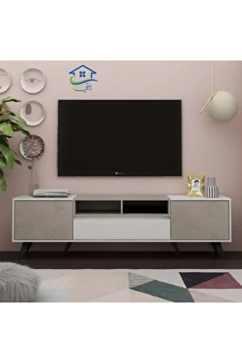 BAITY Modern TV Table with Multiple Storage Drawers, 179 cm, Malaysian Wood in White and Gray