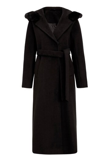 Olcay Fur Hooded Waist Tie Long Coat Black 3107