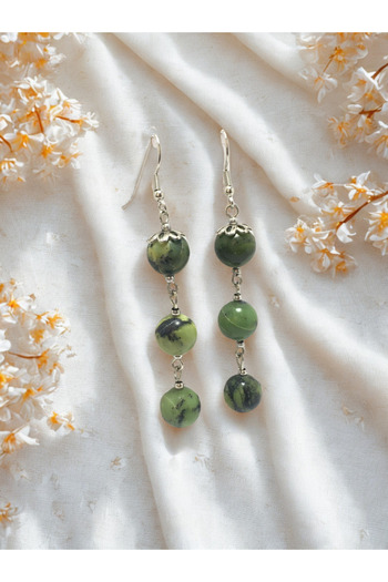 ayrestyle Jade Natural Stone Long Dangle Earrings - Green Dangle Hook Natural Stone Women's Earrings - Silver